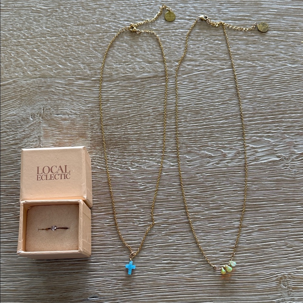 Gold Necklace Set with Blue and Opal Accents bundle and local eclectic opal ring